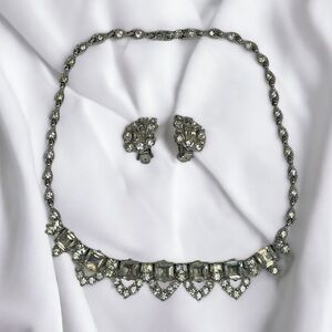 Vintage BOGOFF 1940s-1950s Earrings & Necklace Set Rhodium Plated Rhinestones